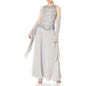 **J Kara** Women's Sleeveless Scallop Long Beaded Dress W/Scarf 6P NWT